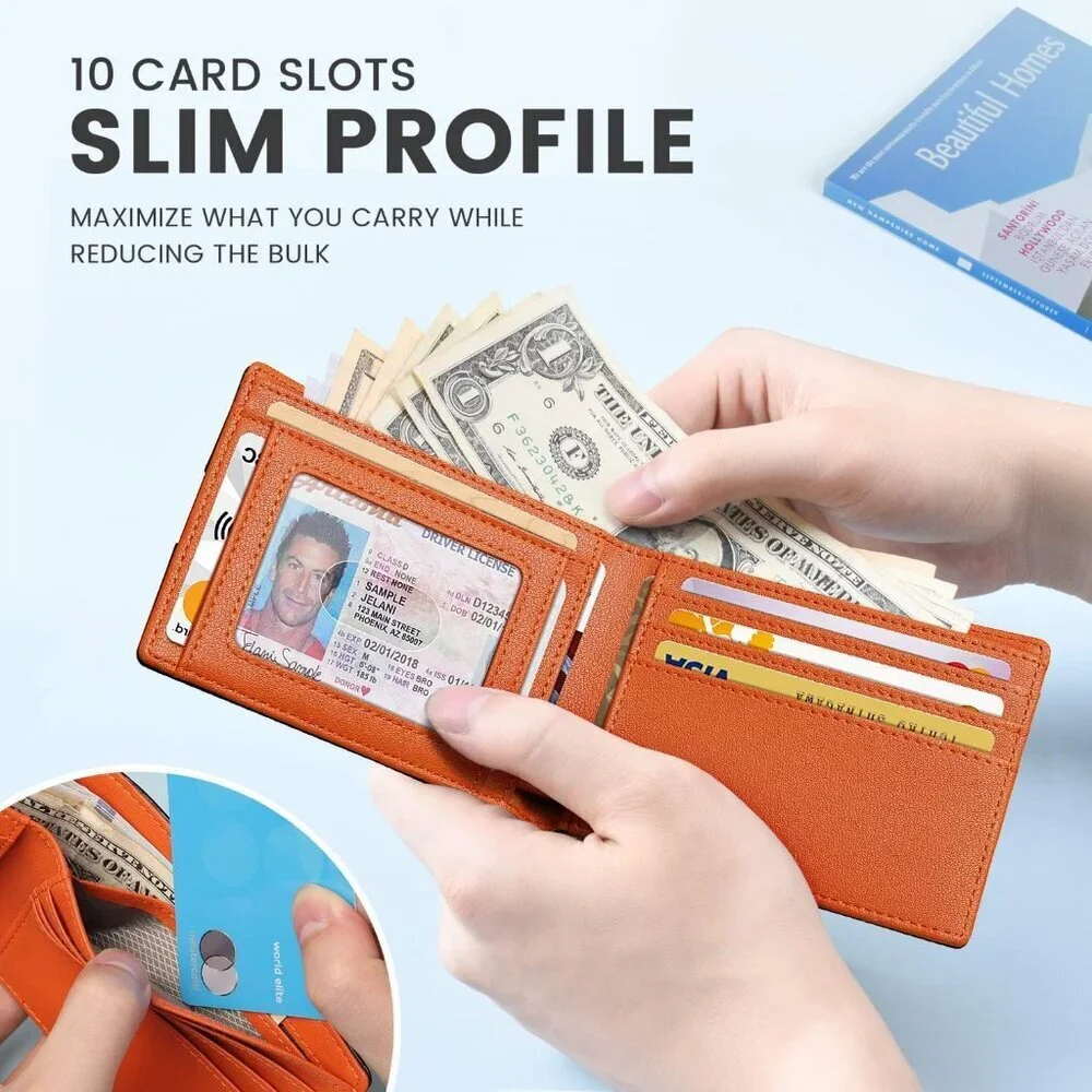 Men's Black Orange Premium Vegan Leather Wallet Slim Blocking Credit Card Design